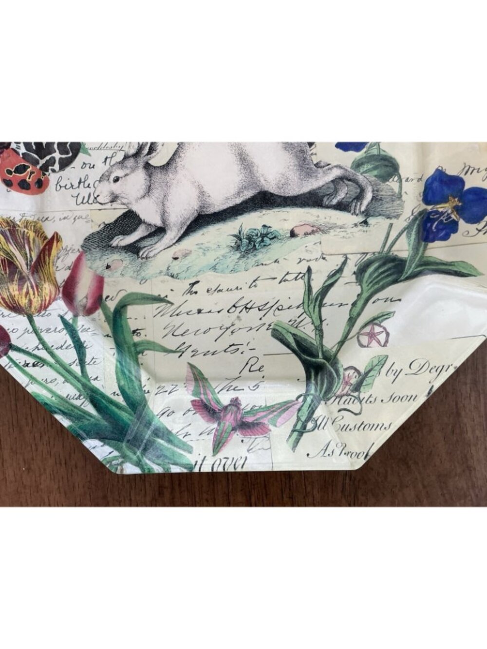 John Derian Rabbit Botanical Octagon Plates Pair Easter Decoupage Glass 10" - Picture 5 of 12